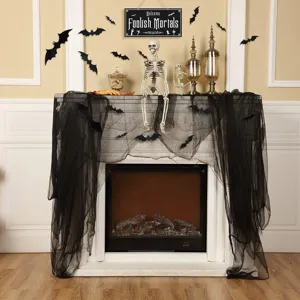 Black creepy cloth for Halloween decoration, spooky mesh fabric for party fireplace props.