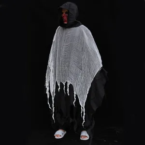 Costume d'Halloween faucheur cape noire à capuche diable fête longue cape vue détaillée.