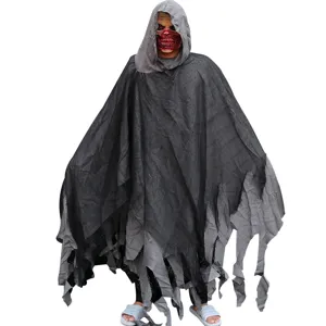 Costume de cape de faucheur à capuche d'Halloween, cape noire vieillie pour la fête.