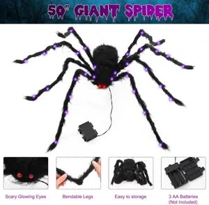 Halloween giant spider detail shot showing glowing red eyes, purple lights and bendable legs.