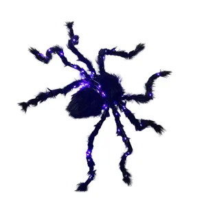 Halloween glowing plush spider decoration with purple LED lights for outdoor party props.