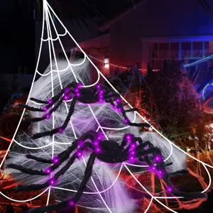 Halloween glowing plush spider outdoor decoration with purple lights for spooky party yard.