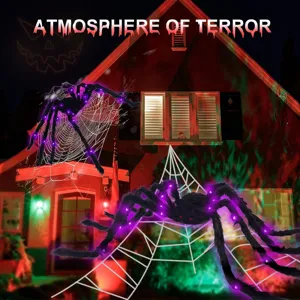 Halloween glowing hairy spider outdoor decoration, purple LED hanging spider web props.