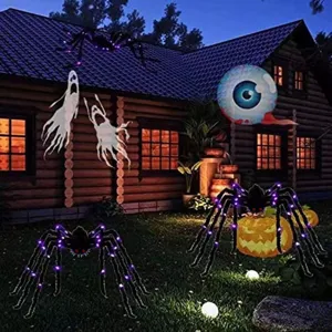 Halloween glowing spider outdoor decoration purple lights yard party scary prop detail view