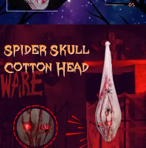 Detailed view of scary Halloween hanging bloody skull decoration with glowing eyes.