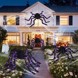 Halloween Glowing Large Spider Outdoor Decor Soft Plush Spider With Scary Purple LED Light Yard House Haunted Party Ornament Haunted Props Decoration