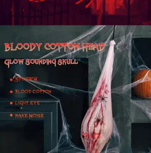 Halloween hanging bleeding skull prop with glowing eyes, sound effects, and spider web cotton.