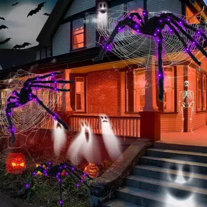 Halloween Giant Glowing Spider Outdoor Decoration with Purple Lights Fake Spider Web Props Set