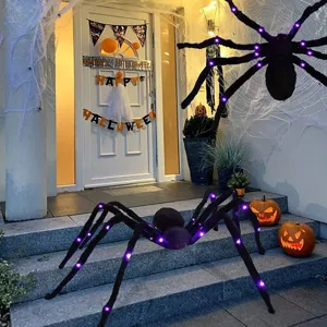 Halloween giant furry glowing spider outdoor decoration with purple lights for spooky party props.