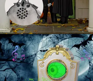 Detalle de timbre de globo ocular parlante de Halloween, accesorio de lápida con ojo verde.