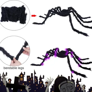 Halloween glowing plush spider with bendable legs and purple lights for spooky outdoor decor