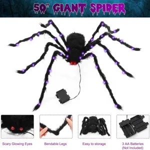 Giant 50-inch Halloween spider decoration with purple glowing lights and scary red eyes for outdoor decor.