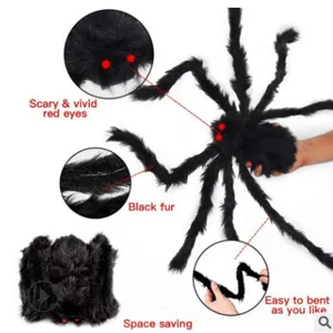 Araña de peluche grande de Halloween con patas flexibles y ojos rojos para decoración de fiesta.
