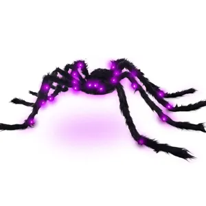Halloween glowing plush spider decoration with purple LED lights for spooky outdoor party display.