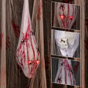 Halloween hanging scary bloody ghost decoration with glowing red eyes and creepy spiders props.