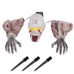 Halloween leuchtende Zombie Bodenstecker Deko Set mit Totenkopf Kopf und blutigen Händen.