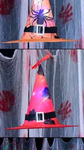 Halloween LED witch hat detail close-up showing glowing spider and ghost patterns.