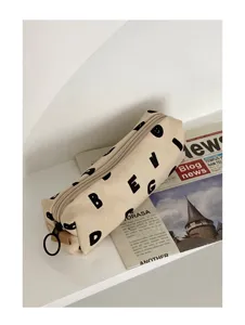 Minimalistische beige Kord Federtasche mit stilvollen Buchstaben, langlebiger Reißverschluss.