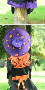 Halloween tree climbing witch decor detail showing purple star hat orange hair and black dress.