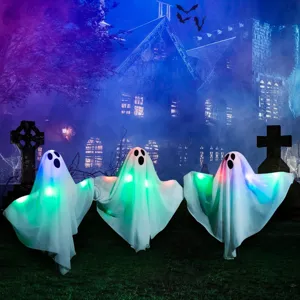 Halloween outdoor LED glowing ghost stakes 3-piece set spooky party lawn decor props.