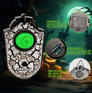 Detalle de timbre luminoso de un ojo de Halloween, accesorio colgante con compartimento.