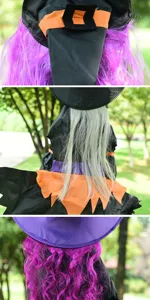 Halloween tree climbing witch decoration detail close up showing purple hair and witch hat design