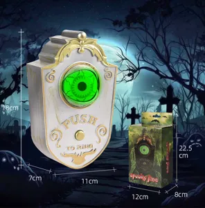 Timbre de Halloween con ojo luminoso, vista detallada de accesorios espeluznantes con medidas.