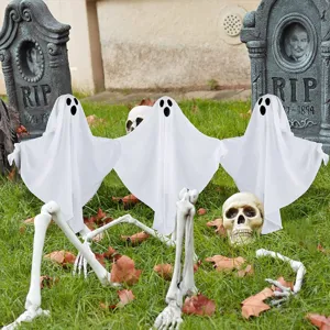 Halloween outdoor lighted ghost stake set 3-piece lawn decoration party props white