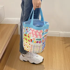 Joli sac seau en toile pour femme, sac à main décontracté patchwork multicolore avec poignée.