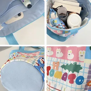 Joli sac seau en toile pour femme, sac à main décontracté avec de jolis imprimés de dessins animés.