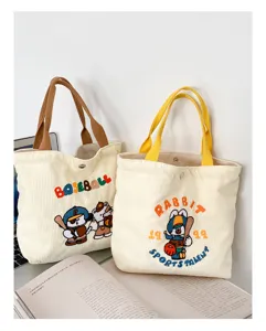 Corduroy tote bag with cute cartoon embroidery, casual large capacity daily shoulder handbag.