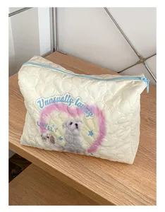 Quilted cosmetic bag large capacity makeup pouch cute puppy print zipper storage bag