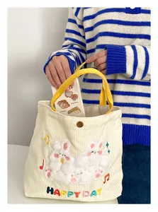 Cute corduroy tote bag with fluffy rabbit embroidery, soft casual handbag for daily use.