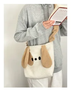 Niedliche flauschige Plüsch-Umhängetasche für Damen, weiche Hundedesign Crossover Tasche Herbst Winter