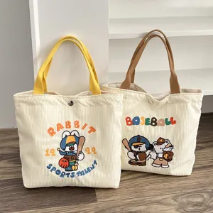 Women Polyester Corduroy Tote Bag Cute Cartoon Embroidery Handbag Large Capacity Casual Bento Bag Daily Shopping