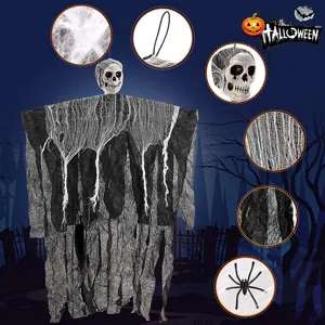 Halloween Skeleton Hanging Ghost Decoration Set With Spider Web And Spiders Scary Haunted House Party Scene Layout Prop