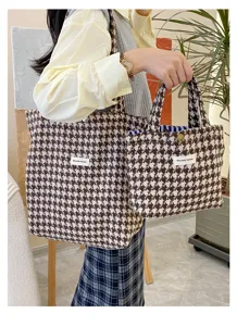 Autumn winter houndstooth woolen tote bag and handbag set, casual versatile daily carry shopping bag.