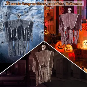 Halloween hanging ghost decoration with skull head and tattered cloth for spooky party props.