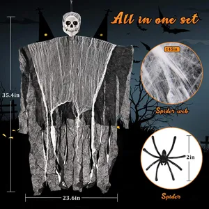 Halloween hanging ghost decoration set with skull, creepy cloth, spider web and plastic spider.