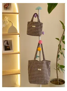 Autumn winter casual wool houndstooth tote bag versatile shoulder handbag for daily chic style.