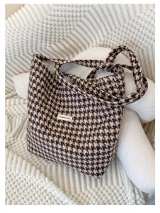 Brown houndstooth wool tote bag autumn winter chic casual shoulder handbag for daily women