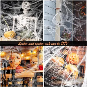 Halloween decoration spider web set with fake spiders and hanging skeleton props for party.