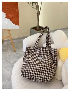 Autumn winter houndstooth wool tote bag, casual shoulder handbag for women daily shopping use.