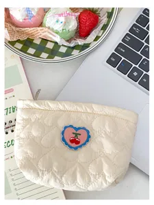 Ins cute quilted storage bag portable makeup pouch with heart cherry embroidery for daily use.