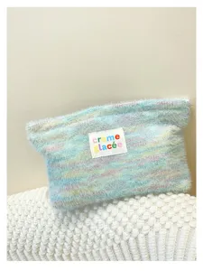 Pastel knitted fuzzy makeup pouch women portable coin purse clutch bag soft texture chic accessory