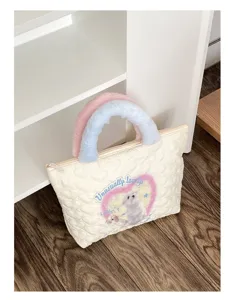 Gesteppte Handtasche mit flauschigen pinken blauen Henkeln süßer Hund Print Tragetasche für Damen