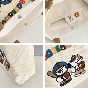 Cute cartoon embroidered canvas tote bag, large capacity corduroy casual daily handbag.