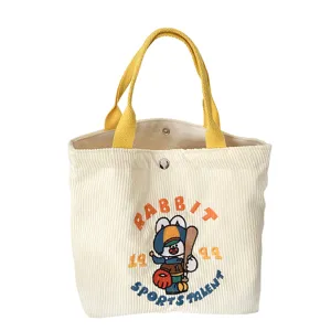 Cute rabbit embroidery corduroy tote bag for women casual handbag beige lunch bag large capacity