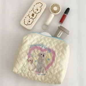 Quilted Cosmetic Bag Cute Puppy Cat Print Large Capacity Travel Toiletry Pouch Portable Makeup Organizer Bag For Women