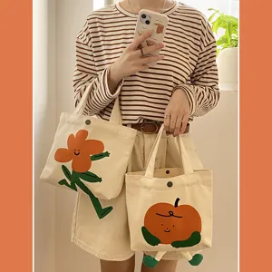 Leinwand Tragetasche mit niedlichem Cartoon Blumen und Kürbis Druck, grosse Handtasche.